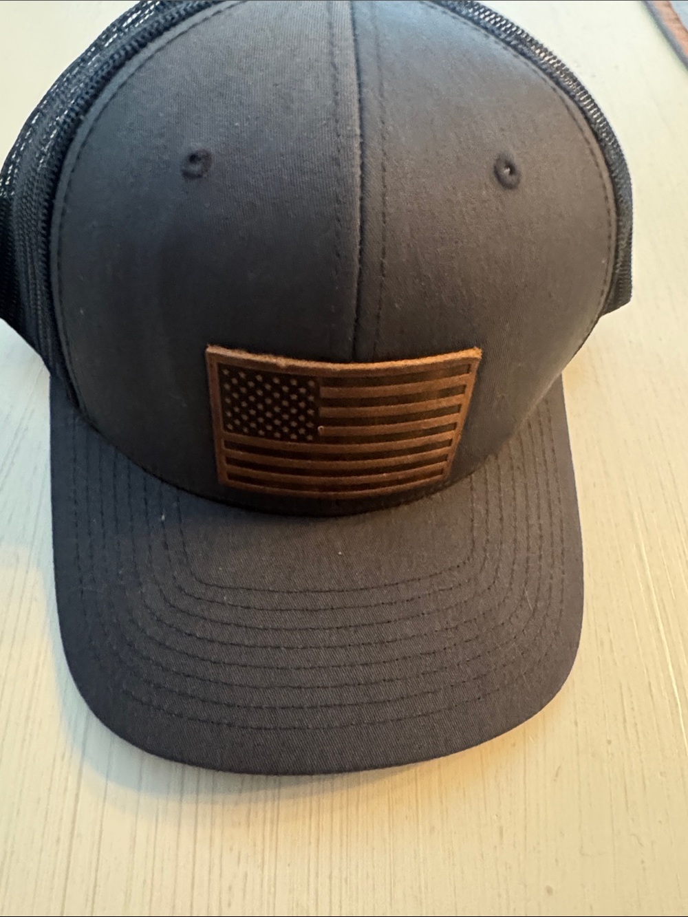 New Men’s Grey Baseball Cap with American Flag Leather Logo on front NEVER WORN